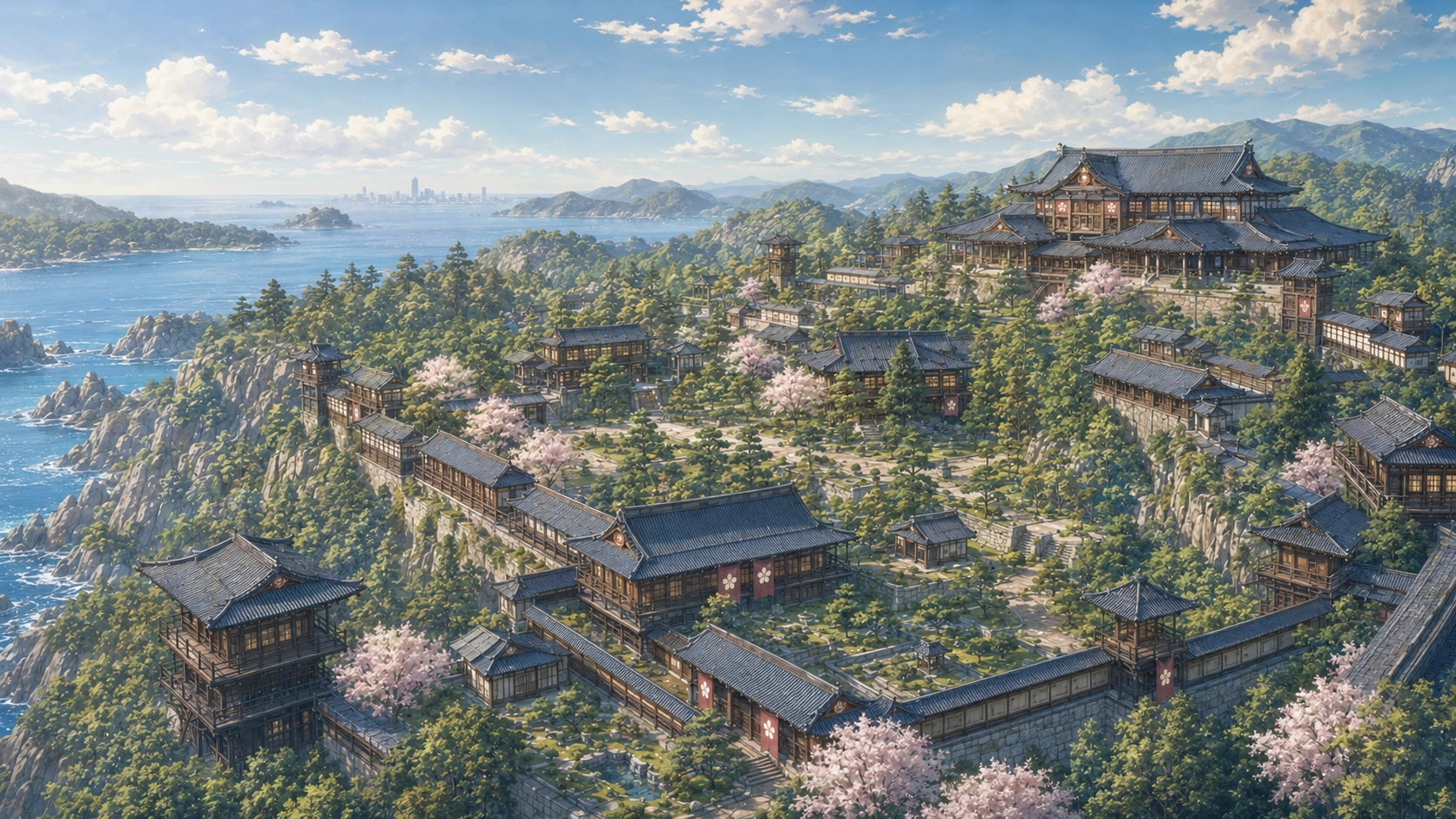 바다와 산을 마주한 하라구 히이라기의 전경