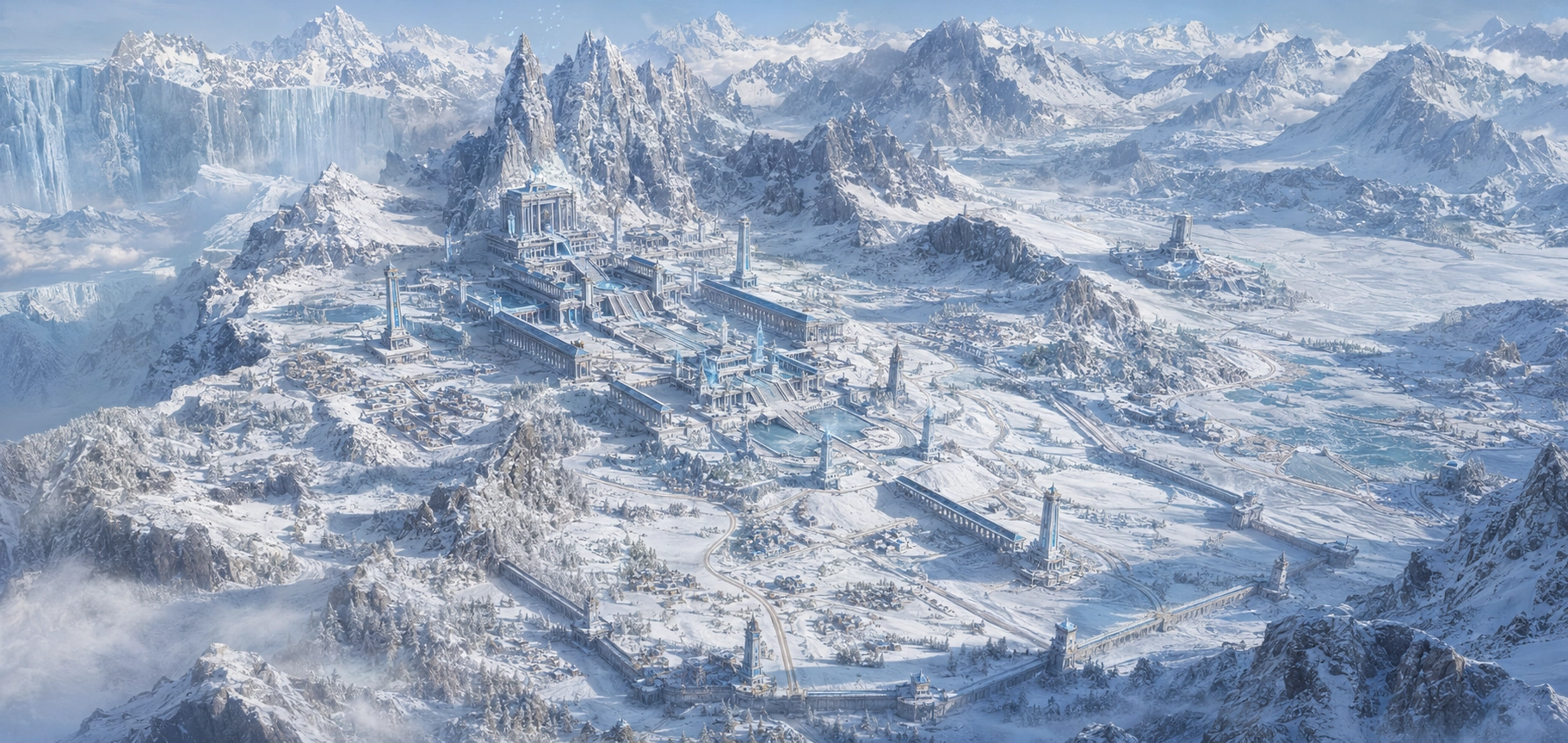 설산과 빙벽 사이에 자리한 겨울신전의 전경